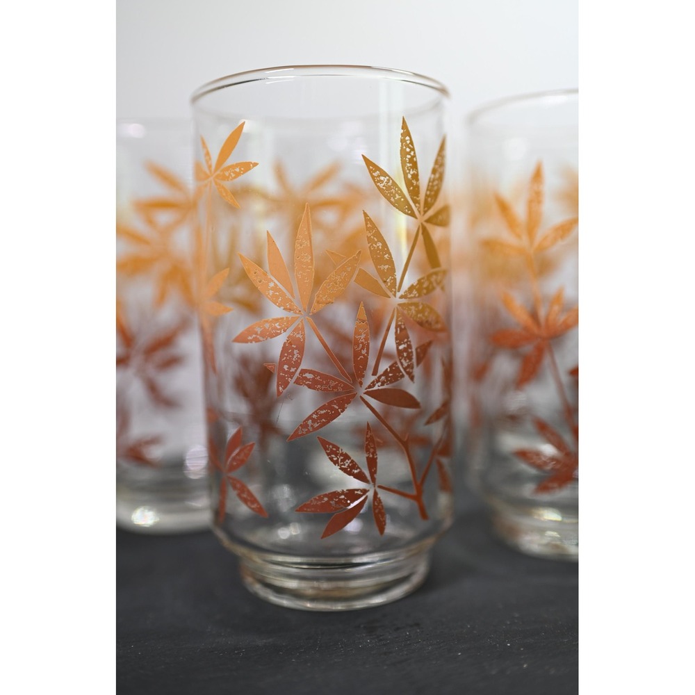 Vintage Libbey Fall Leaf Glasses Set of 9 Orange Yellow Mid Century Drinkware